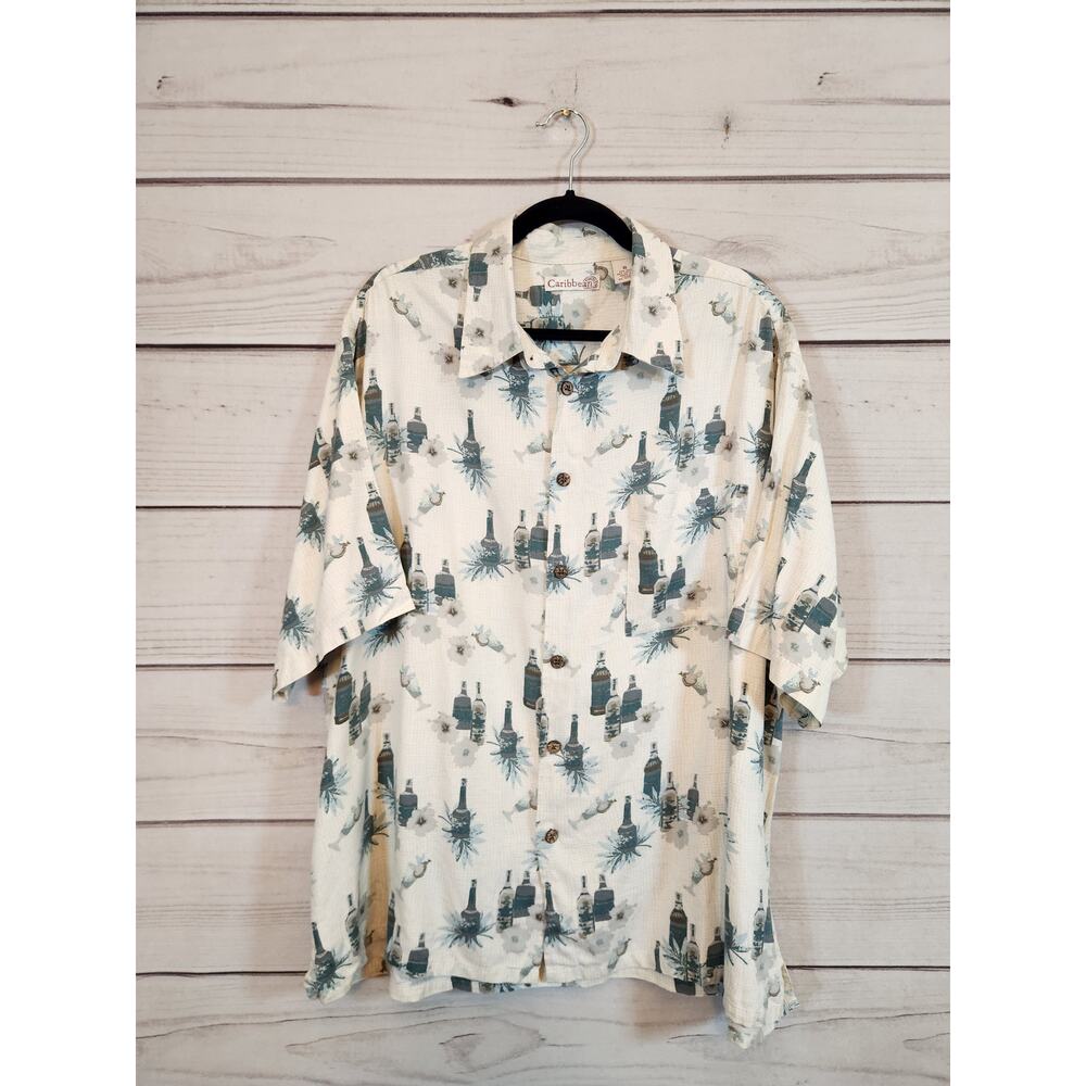 Roundtree & Yorke Caribbean Men's Beige Green Floral Button‎ Down Shirt Size XL